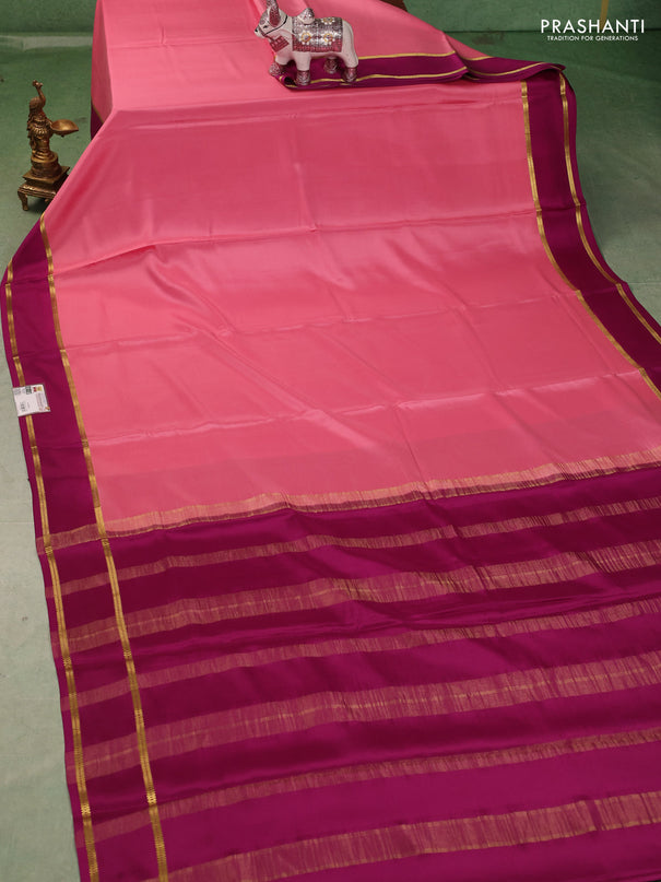 Pure mysore silk saree peach pink and magenta pink with plain body and rettapet zari woven buttas