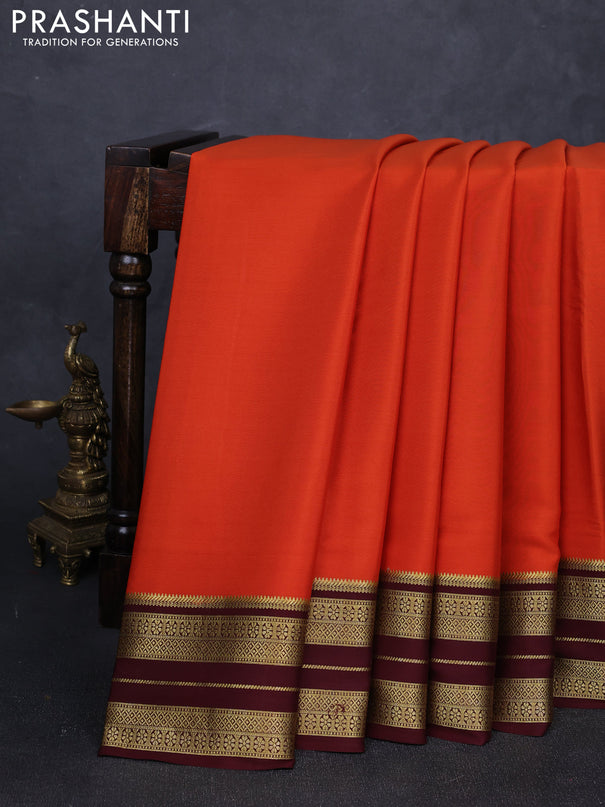 Pure mysore silk saree rust shade and coffee brown with plain body and zari woven border
