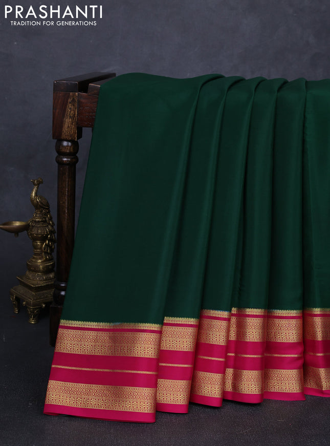 Pure mysore silk saree green and magenta pink with plain body and zari woven border
