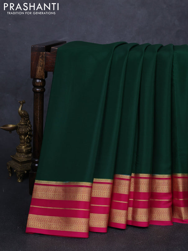 Pure mysore silk saree green and magenta pink with plain body and zari woven border