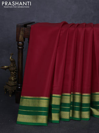 Pure mysore silk saree red and green with plain body and zari woven border