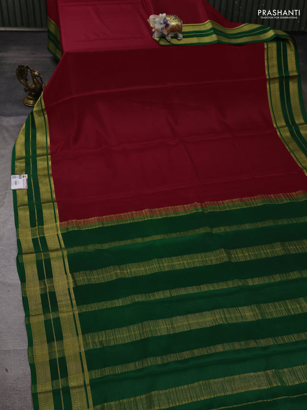 Pure mysore silk saree red and green with plain body and zari woven border