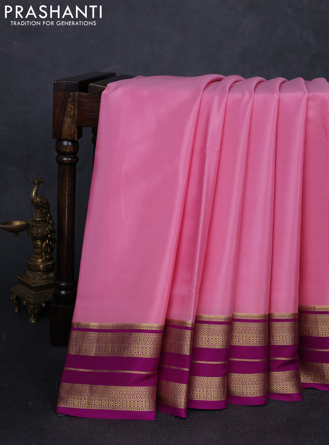 Pure mysore silk saree peach pink and magenta pink with plain body and zari woven border