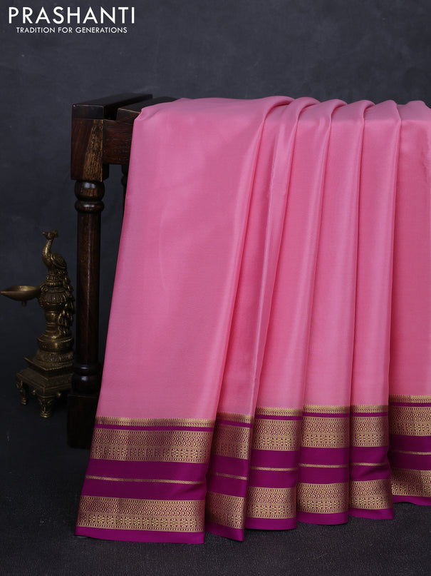 Pure mysore silk saree peach pink and magenta pink with plain body and zari woven border