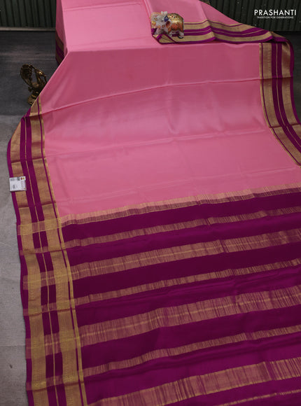 Pure mysore silk saree peach pink and magenta pink with plain body and zari woven border