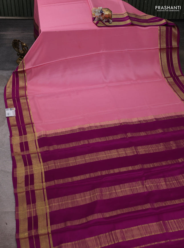 Pure mysore silk saree peach pink and magenta pink with plain body and zari woven border