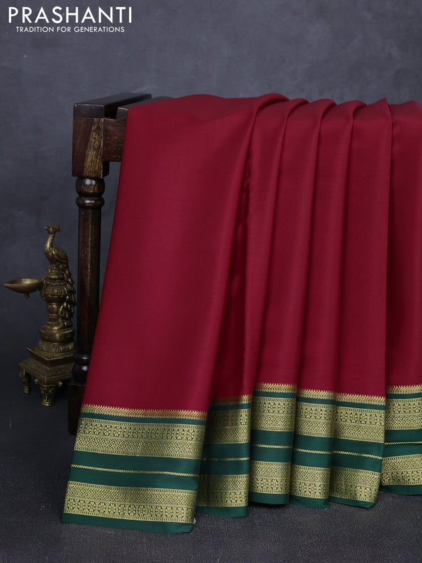 Pure mysore silk saree red and green with plain body and zari woven border
