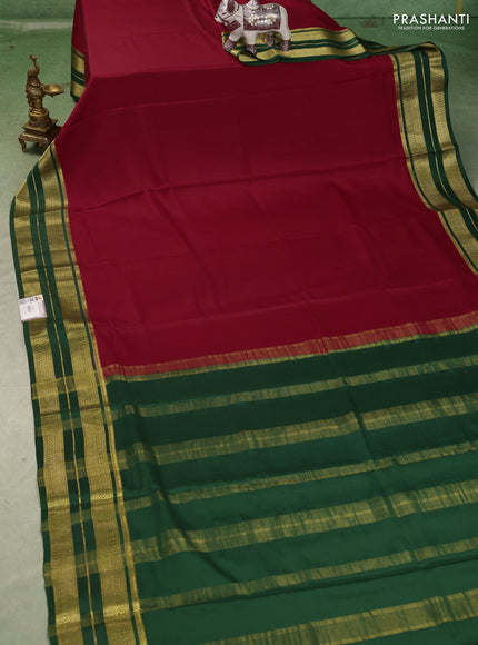 Pure mysore silk saree red and green with plain body and zari woven border