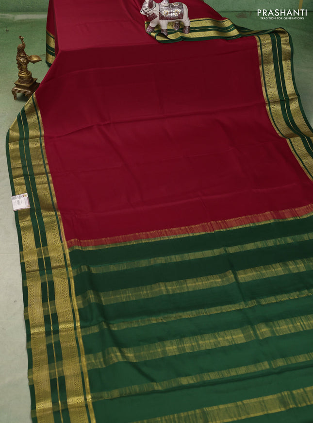 Pure mysore silk saree red and green with plain body and zari woven border