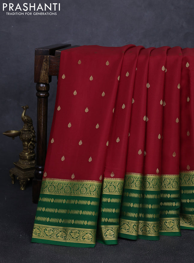 Pure mysore silk saree red and green with allover zari woven buttas and zari woven border