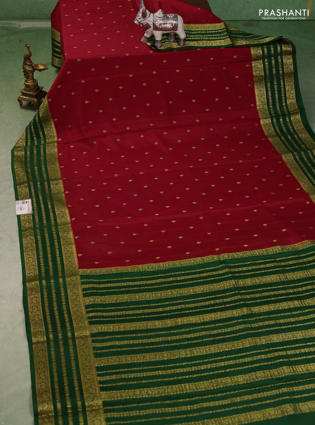 Pure mysore silk saree red and green with allover zari woven buttas and zari woven border