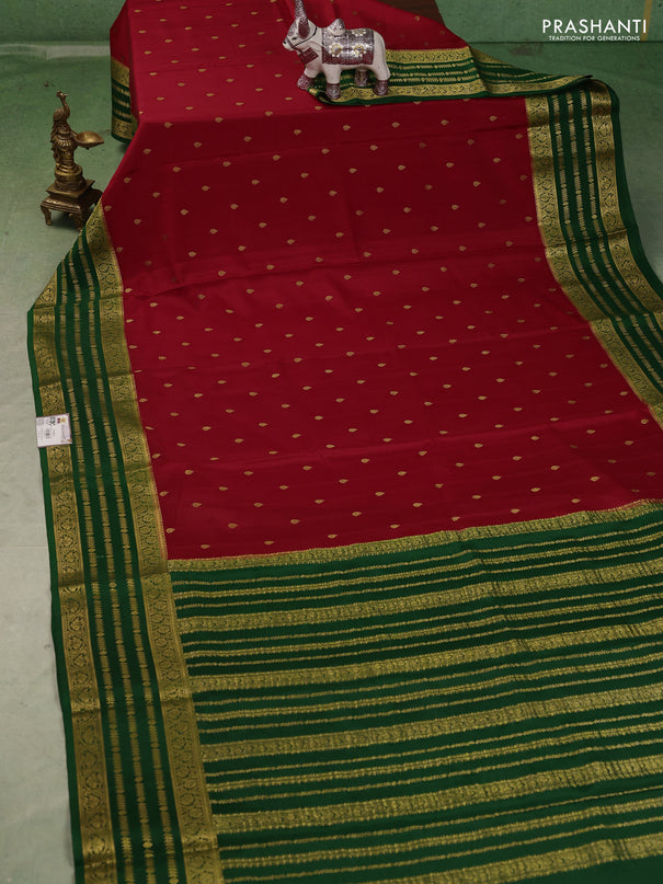 Pure mysore silk saree red and green with allover zari woven buttas and zari woven border
