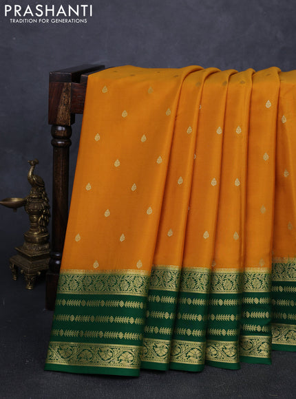Pure mysore silk saree mustard yellow and green with allover zari woven buttas and zari woven border