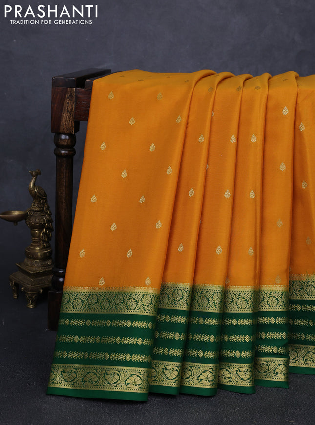 Pure mysore silk saree mustard yellow and green with allover zari woven buttas and zari woven border