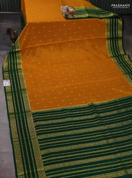 Pure mysore silk saree mustard yellow and green with allover zari woven buttas and zari woven border
