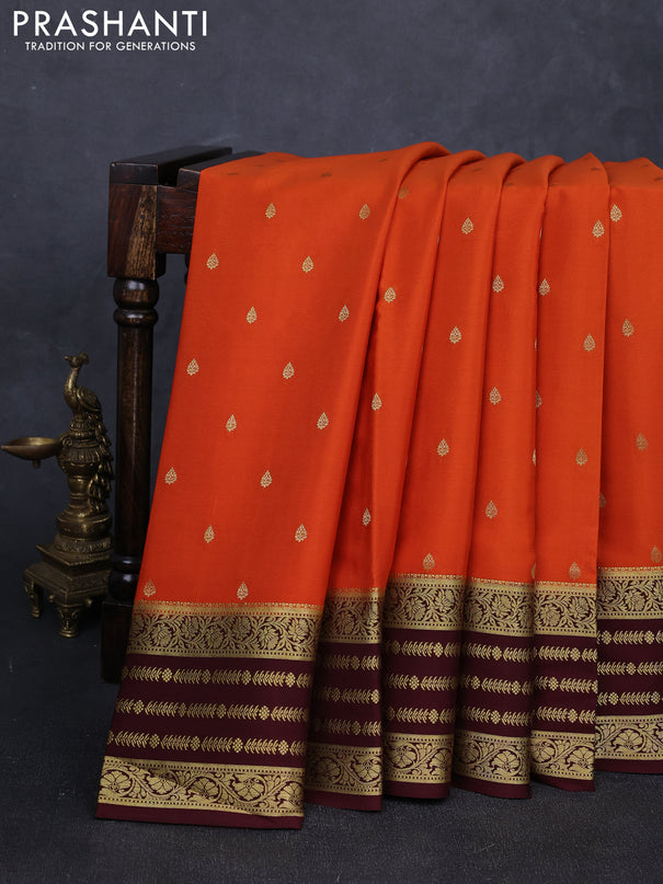 Pure mysore silk saree rust shade and coffee brown with allover zari woven buttas and zari woven border