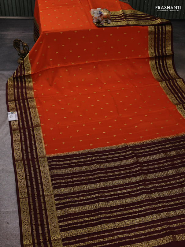 Pure mysore silk saree rust shade and coffee brown with allover zari woven buttas and zari woven border