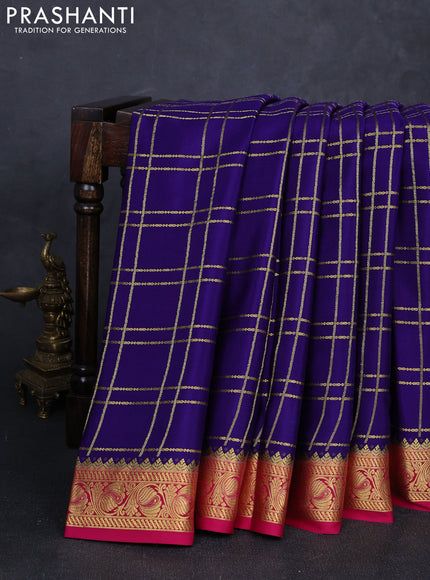 Pure mysore silk saree violet and dark pink with allover zari checked pattern and zari woven border