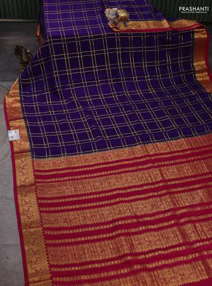 Pure mysore silk saree violet and dark pink with allover zari checked pattern and zari woven border
