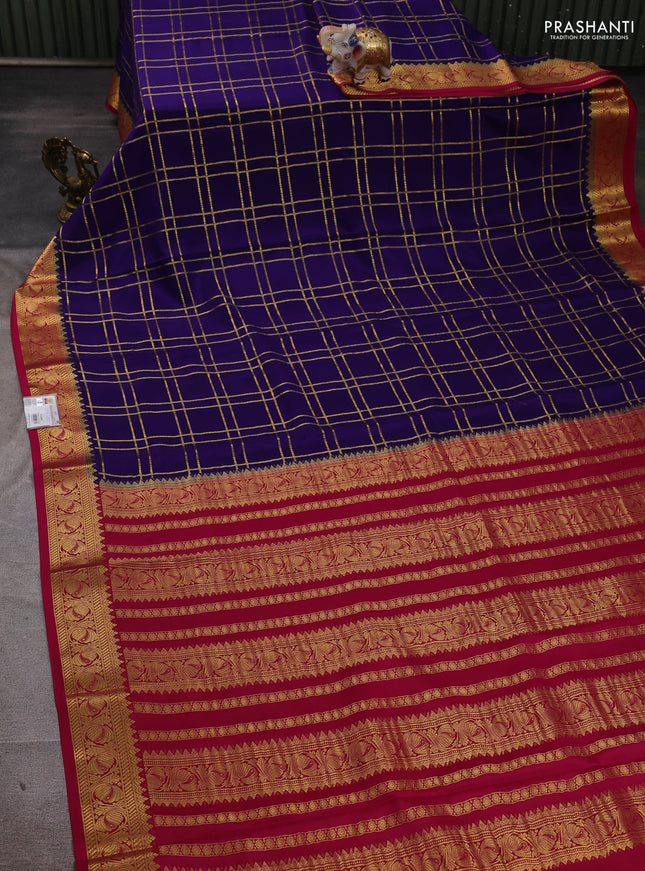 Pure mysore silk saree violet and dark pink with allover zari checked pattern and zari woven border