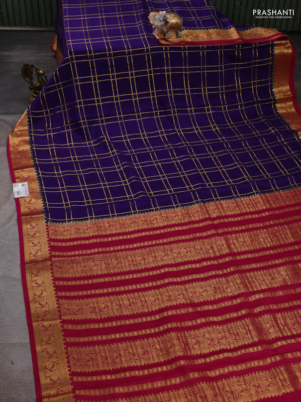 Pure mysore silk saree violet and dark pink with allover zari checked pattern and zari woven border