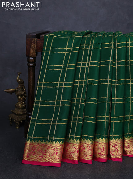Pure mysore silk saree green and pink with allover zari checked pattern and zari woven border