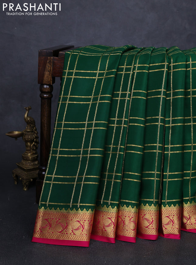 Pure mysore silk saree green and pink with allover zari checked pattern and zari woven border