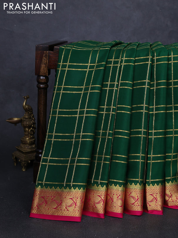 Pure mysore silk saree green and pink with allover zari checked pattern and zari woven border