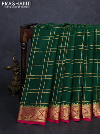Pure mysore silk saree green and pink with allover zari checked pattern and zari woven border