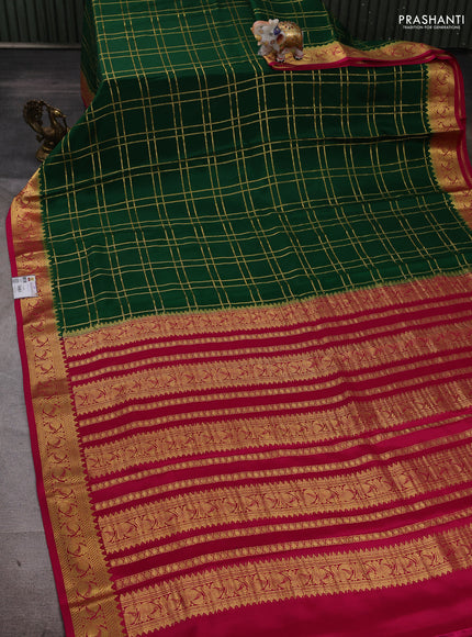 Pure mysore silk saree green and pink with allover zari checked pattern and zari woven border