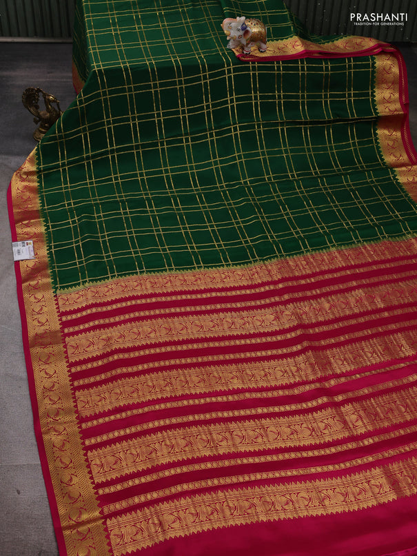 Pure mysore silk saree green and pink with allover zari checked pattern and zari woven border