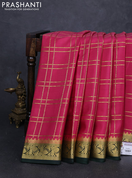 Pure mysore silk saree peach pink and green with allover zari checked pattern and zari woven border