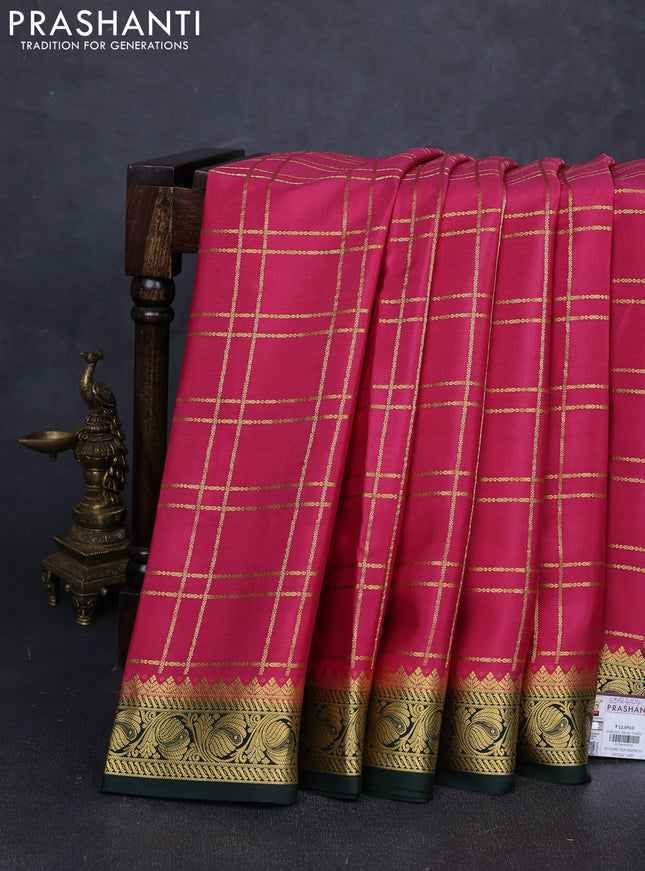 Pure mysore silk saree peach pink and green with allover zari checked pattern and zari woven border