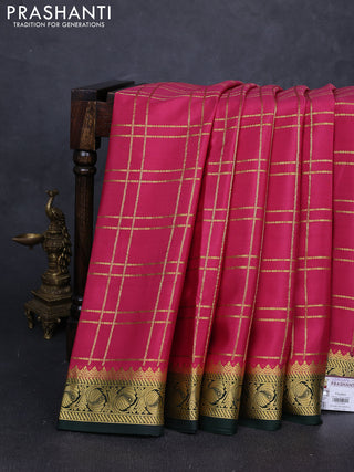 Pure mysore silk saree peach pink and green with allover zari checked pattern and zari woven border