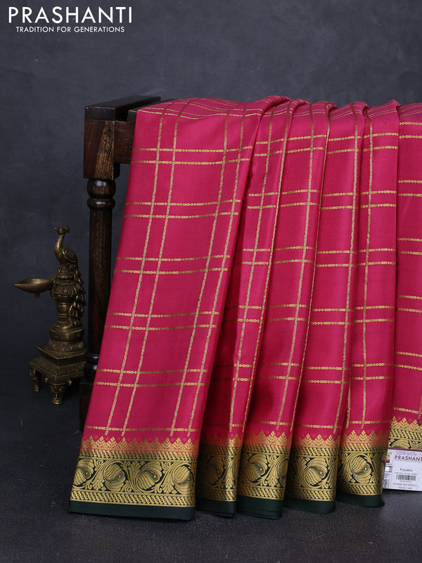 Pure mysore silk saree peach pink and green with allover zari checked pattern and zari woven border
