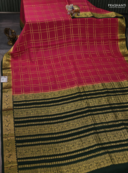 Pure mysore silk saree peach pink and green with allover zari checked pattern and zari woven border