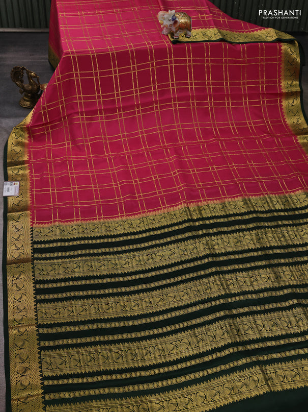 Pure mysore silk saree peach pink and green with allover zari checked pattern and zari woven border