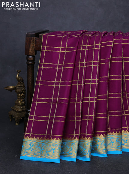 Pure mysore silk saree purple and cs blue with allover zari checked pattern and zari woven border