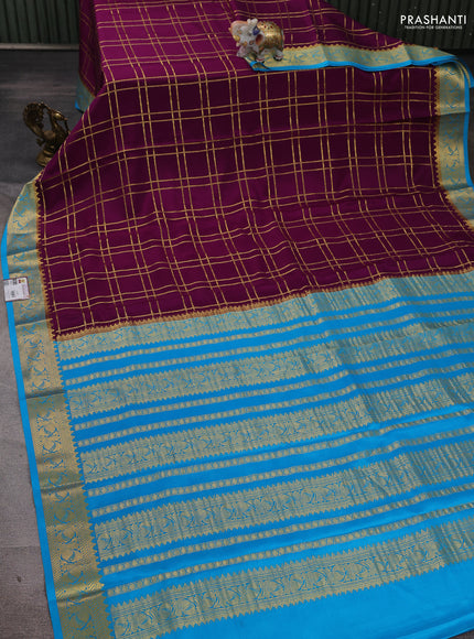 Pure mysore silk saree purple and cs blue with allover zari checked pattern and zari woven border