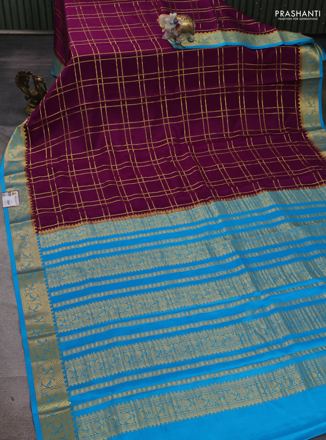 Pure mysore silk saree purple and cs blue with allover zari checked pattern and zari woven border