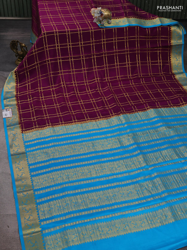 Pure mysore silk saree purple and cs blue with allover zari checked pattern and zari woven border