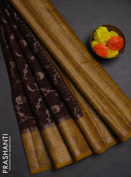 Semi chiniya silk saree coffee brown and mustard yellow with allover thread & zari weaves and woven border