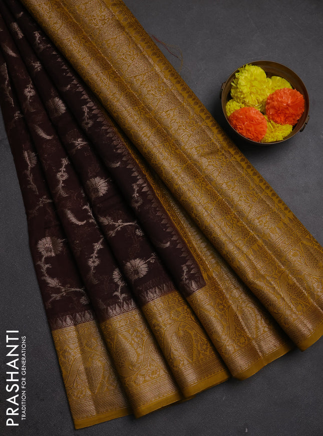 Semi chiniya silk saree coffee brown and mustard yellow with allover thread & zari weaves and woven border