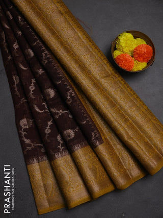Semi chiniya silk saree coffee brown and mustard yellow with allover thread & zari weaves and woven border