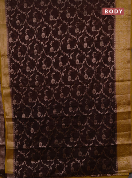 Semi chiniya silk saree coffee brown and mustard yellow with allover thread & zari weaves and woven border