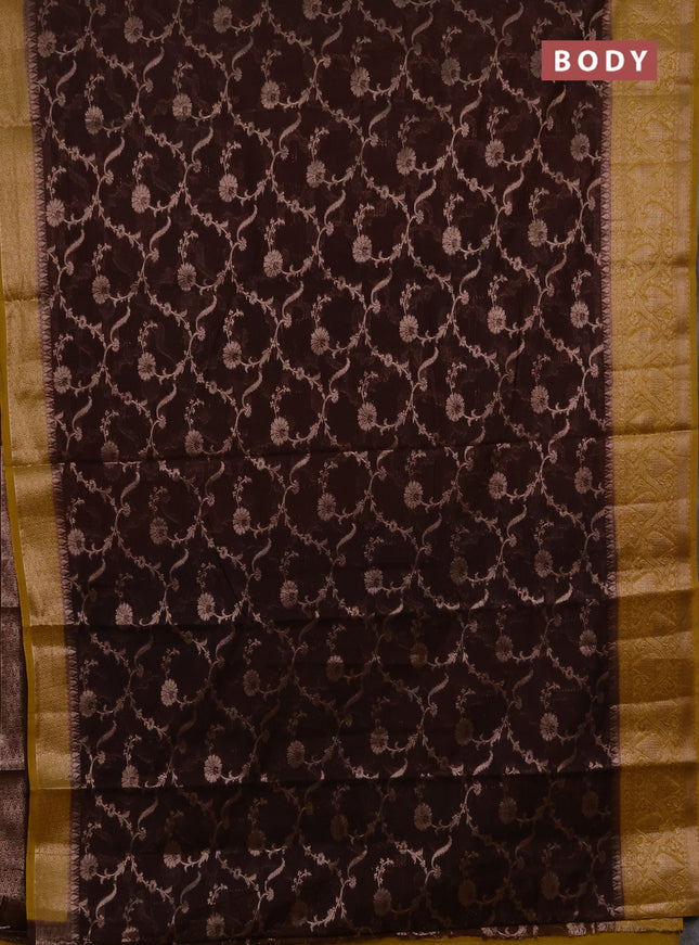 Semi chiniya silk saree coffee brown and mustard yellow with allover thread & zari weaves and woven border