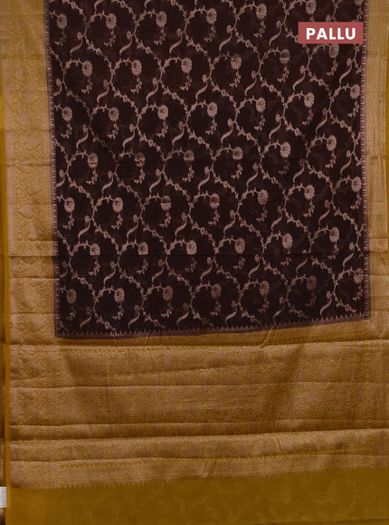 Semi chiniya silk saree coffee brown and mustard yellow with allover thread & zari weaves and woven border