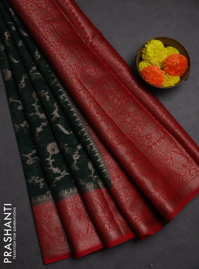 Semi chiniya silk saree bottle green and red with allover thread & zari weaves and woven border