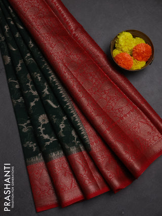 Semi chiniya silk saree bottle green and red with allover thread & zari weaves and woven border