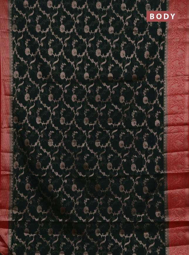 Semi chiniya silk saree bottle green and red with allover thread & zari weaves and woven border